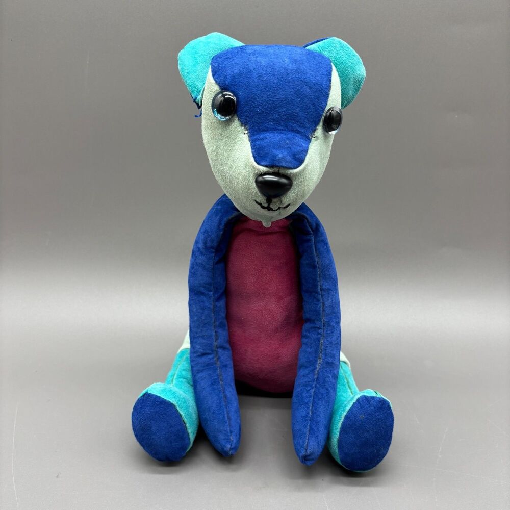 Handmade Colorblock Teddy Bear Plush Suede Leather Primitive Stuffed Animal OOAK